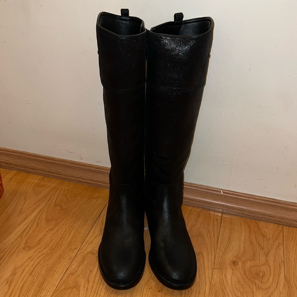 Tory Burch Black Kiernan Shiny Leather Logo Round Toe Knee High Riding Boots 8.5